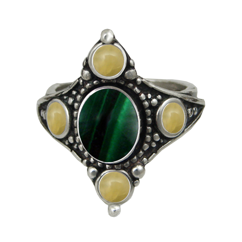 Sterling Silver Renaissance Queen's Ring With Malachite And Yellow Aragonite Size 9